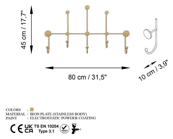 Kovový nástěnný věšák ve zlaté barvě Dama – Kalune Design