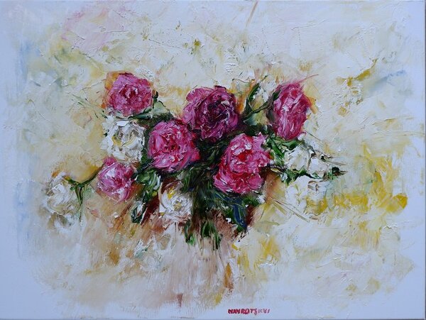 Ručně malovaný obraz od Igor Navrotskyi - "Bílo-růžová kytice", rozměr: 80 x 60 cm