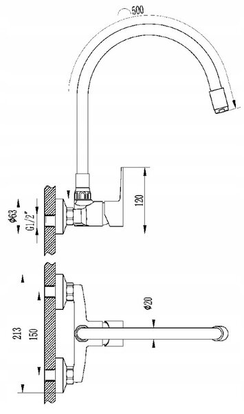 Invena Verso, nástěnná kuchyňská baterie 150mm s elastickým ramenem, béžová-černá-chromová, INV-BC-82-E4S-L