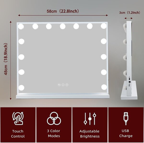 VANITII kosmetické zrcadlo 58 cm x 48 cm stmívatelné zrcadlo 15 stmívatelných světel 3 světelné režimy kosmetické zrcadlo