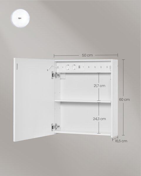 VASAGLE Zrcadlová skříňka KAILYN s osvětlením 50 x 60 x 17 cm bílá