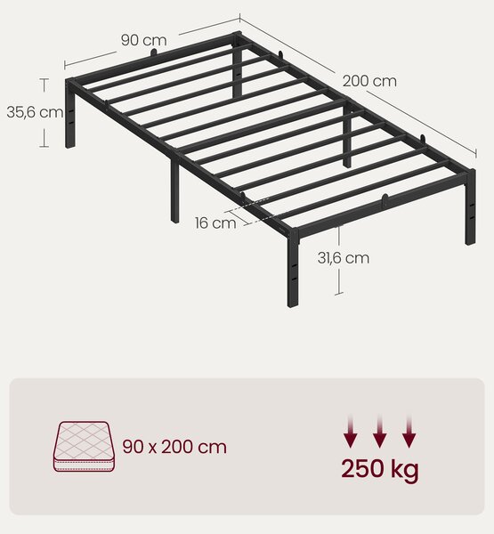 VASAGLE Kovový rám postele 90 x 200 cm černá