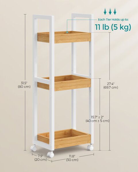 SONGMICS Koupelnový vozík do niky 20 x 80 x 30 cm bambus bílá