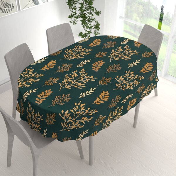Biante Bavlněný oválný ubrus Sandra SA-742 Zlaté větvičky s lístky na tmavě zeleném 50x100 cm