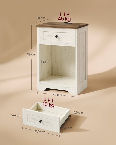 VASAGLE Noční stolek RUSTIK s USB porty a zásuvkou 40 x 30 x 59 cm bílá hnědá