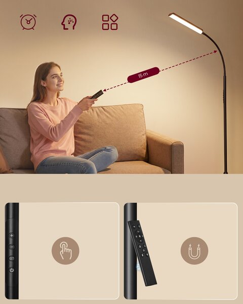 VASAGLE Stojací lampa 15 W nastavitelná výška 141–175 cm dálkové ovládání černá