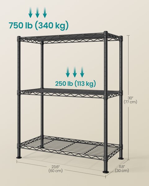 SONGMICS Kovový regál nastavitelné police 3 patra 60 x 77 x 30 cm černá