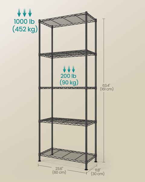 SONGMICS Kovový regál nastavitelné police 5 pater 60 x 161 x 30 cm černá