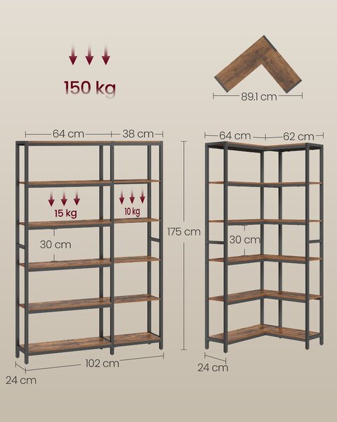 VASAGLE Knihovna variabilní 6 polic 107 cm x 172 x 24 cm moderní styl hnědá