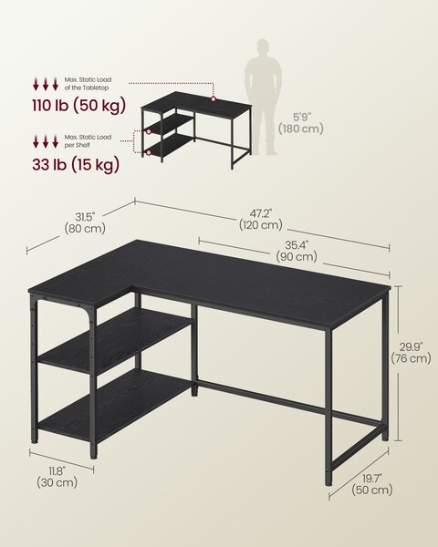 VASAGLE Rohový počítačový stůl s úložným prostorem 120x80cm černá