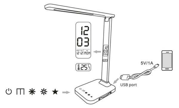 Ecolite LED stolní lampa 8W stmívatelná 5CCT 500lm USB 1A/5V černá LU19AC-CR
