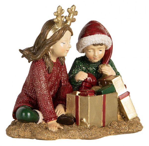Vánoční dekorace figurka dětí rozbalujících vánoční dárečky – 14x9x11 cm
