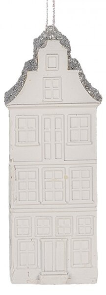 Závěsná vánoční ozdoba bílý domeček se stříbrnou střechou – 4x4x11 cm