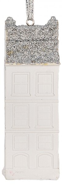 Závěsná vánoční ozdoba bílý domeček se stříbrnou střechou – 4x4x11 cm