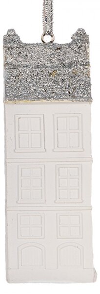 Závěsná vánoční ozdoba bílý domeček se stříbrnou střechou – 4x4x11 cm