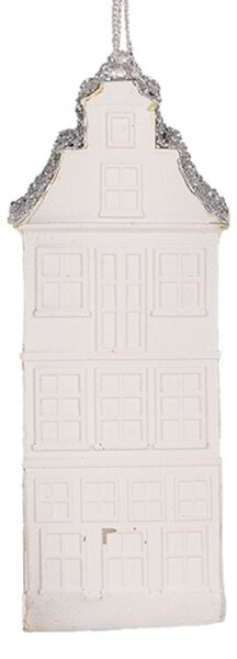Závěsná vánoční ozdoba bílý domeček se stříbrnou střechou – 4x4x11 cm