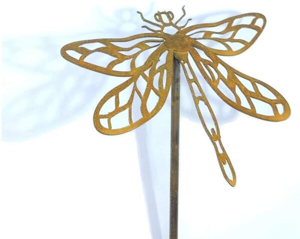 Kovový zahradní zápich corten 3D Vážka 50 cm