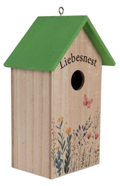 Přírodní dřevěná budka pro ptáčky se zelenou střechou a květy – 16x12x22 cm