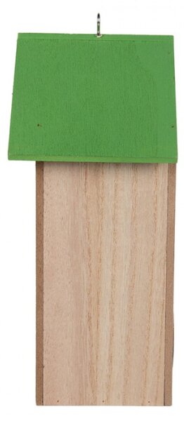 Přírodní dřevěná budka pro ptáčky se zelenou střechou a květy – 16x12x22 cm