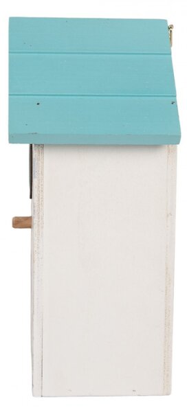 Bílo-modrá dřevěná budka pro ptáčky s lučním kvítím – 15x10x22 cm
