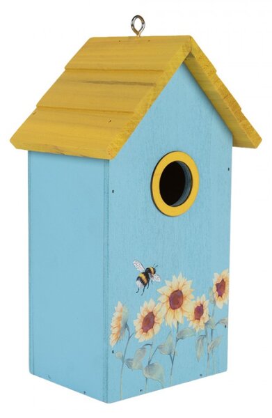Modro-žlutá dřevěná budka pro ptáčky se slunečnicí a včelami – 15x10x22 cm