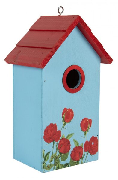 Modro-červená dřevěná budka pro ptáčky s růžemi – 15x10x22 cm