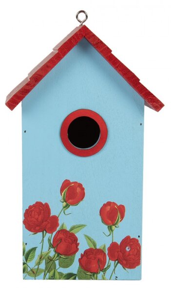 Modro-červená dřevěná budka pro ptáčky s růžemi – 15x10x22 cm