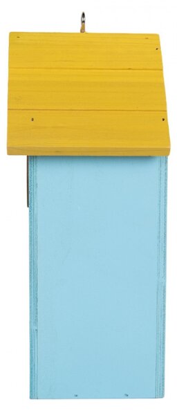 Modro-žlutá dřevěná budka pro ptáčky se slunečnicí a včelami – 15x10x22 cm