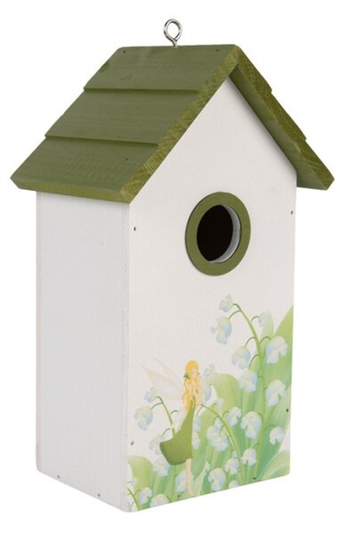 Bílo-zelená dřevěná budka pro ptáčky s konvalinkami a vílou – 15x10x22 cm