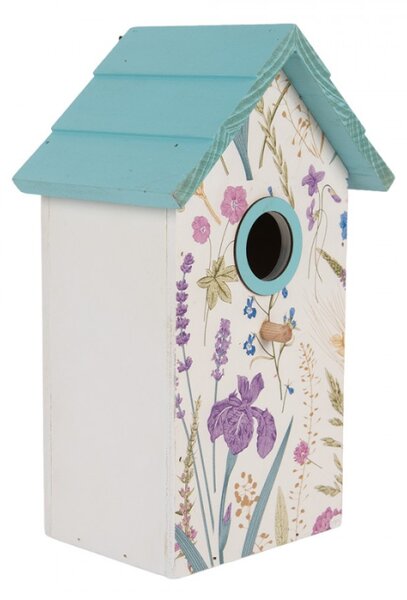 Bílo-modrá dřevěná budka pro ptáčky s lučním kvítím – 15x10x22 cm