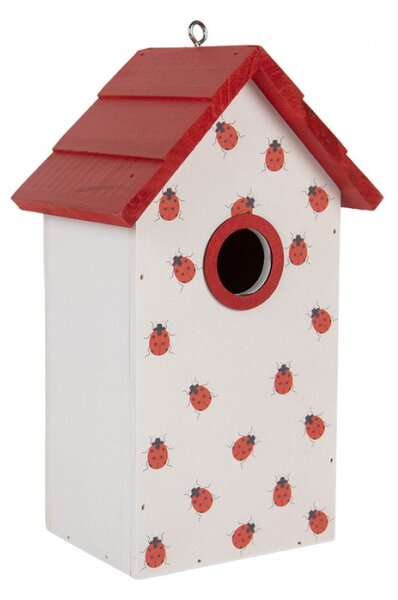 Bílo-červená dřevěná budka pro ptáčky s beruškami – 15x10x22 cm