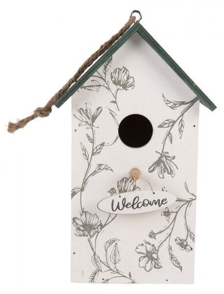 Bílá dřevěná budka pro ptáčky s listy a cedulí Welcome – 15x10x22 cm