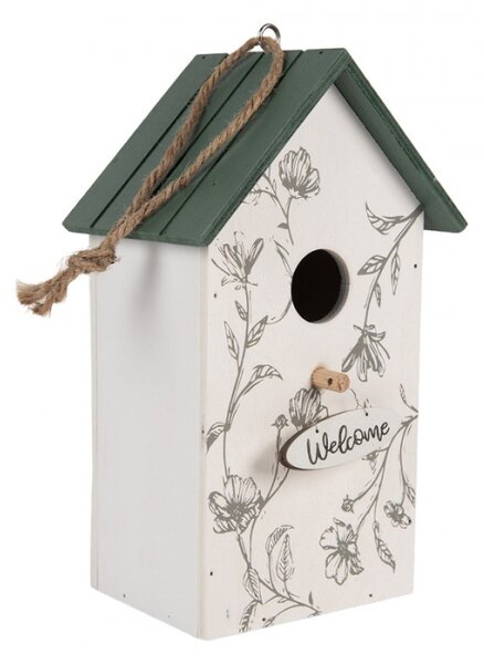 Bílá dřevěná budka pro ptáčky s listy a cedulí Welcome – 15x10x22 cm