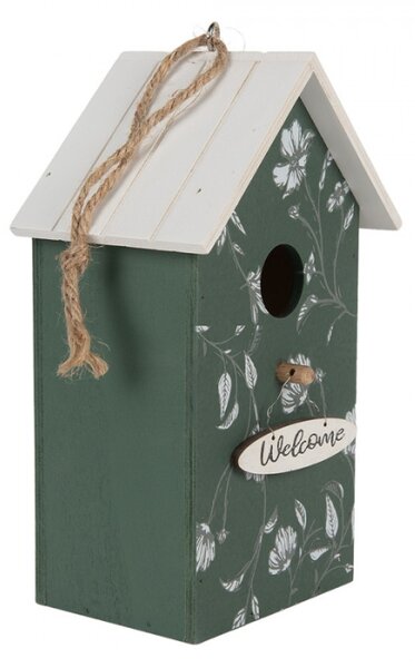 Zelená dřevěná budka pro ptáčky s listy a cedulí Welcome – 15x10x22 cm
