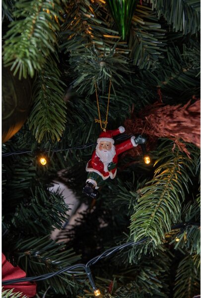 Červená vánoční ozdoba tancující Santa Claus se zelenými rukavicemi – 8 cm