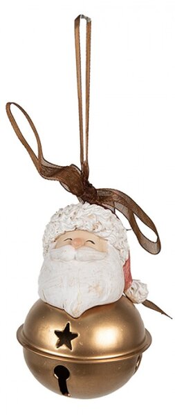 Bílá vánoční ozdoba Santa Claus na zlaté vánoční rolničce s otvory – 8 cm
