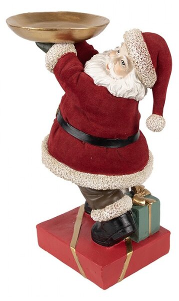 Červená vánoční dekorace Santa Claus na červeném podstavci držící zlatý podnos – 26 cm
