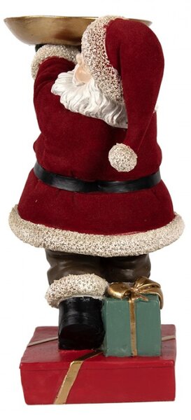 Červená vánoční dekorace Santa Claus na červeném podstavci držící zlatý podnos – 26 cm