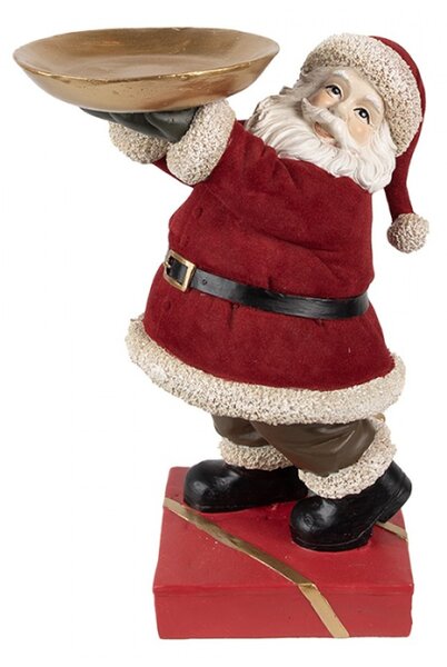 Červená vánoční dekorace Santa Claus na červeném podstavci držící zlatý podnos – 26 cm