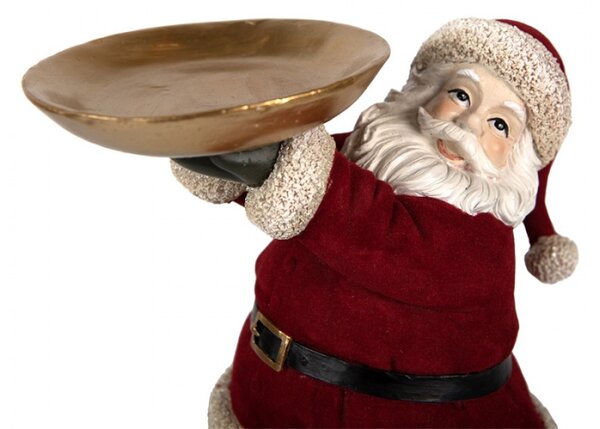 Červená vánoční dekorace Santa Claus na červeném podstavci držící zlatý podnos – 26 cm