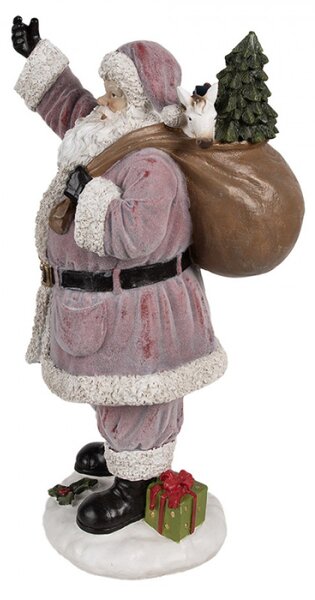 Růžová vánoční dekorace Santa Claus na sněhu s plným pytlem dárků na zádech – 43 cm