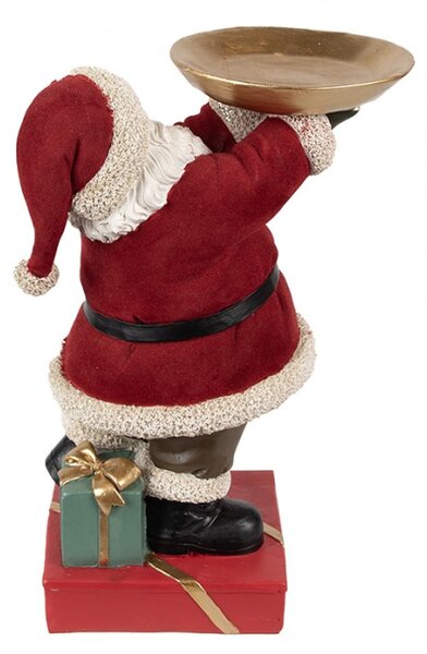 Červená vánoční dekorace Santa Claus na červeném podstavci držící zlatý podnos – 26 cm