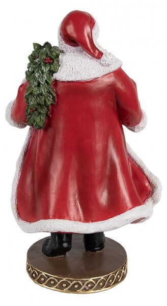 Červená vánoční dekorace Santa Claus na hnědém podstavci držící dárek a vánoční bobule – 23 cm