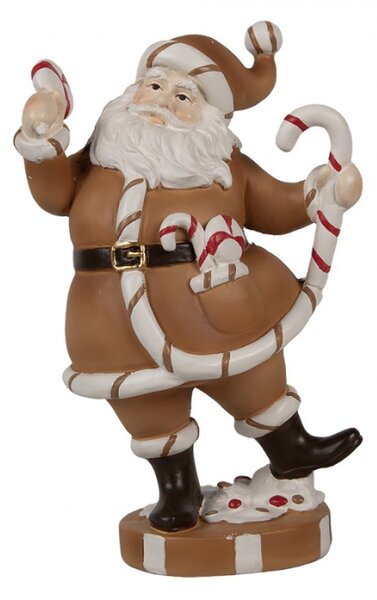 Hnědá vánoční dekorace Santa Claus s bílým zdobením držící lízátka a vánoční hůlky – 20 cm