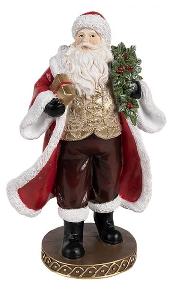 Červená vánoční dekorace Santa Claus na hnědém podstavci držící dárek a vánoční bobule – 23 cm