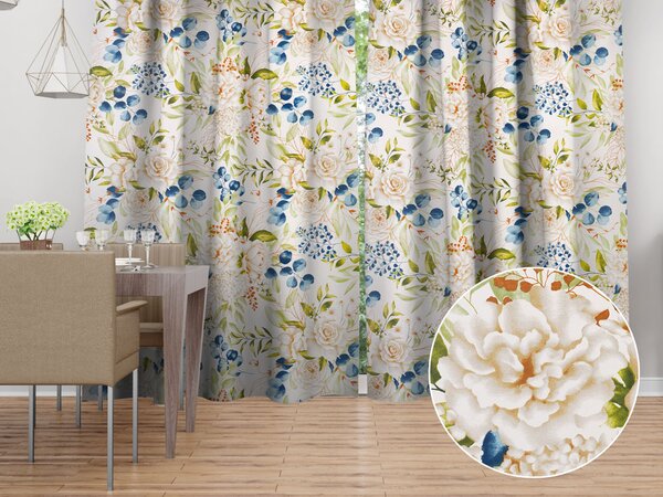 Biante Bavlněný závěs Sandra SA-668 Květy a modro-zelené listy na bílém 150x140 cm