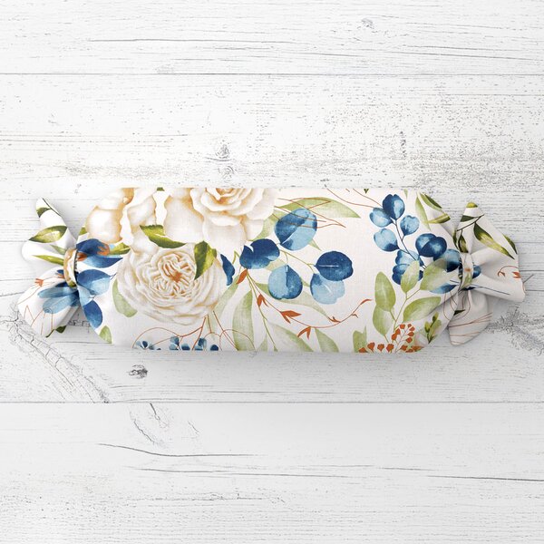 Biante Polštář válec bonbon Sandra SA-668 Květy a modro-zelené listy na bílém 15x40 cm