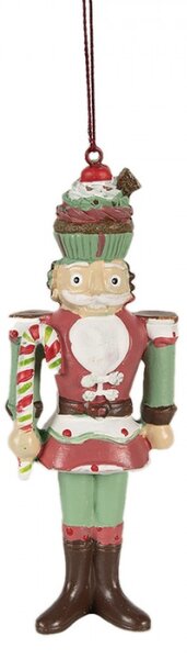 Červená vánoční ozdoba Louskáček v zeleno-červené uniformě s muffinem na hlavě – 12 cm