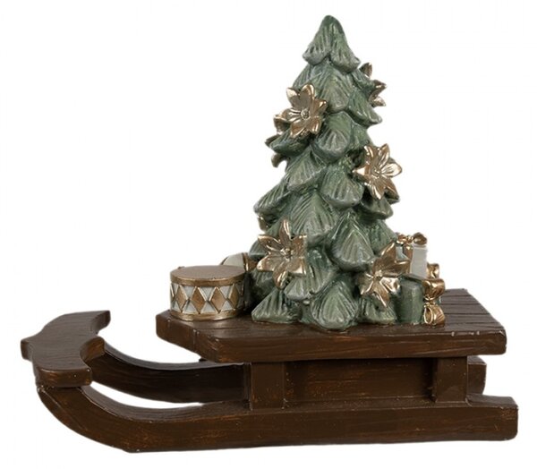 Hnědá vánoční dekorace sáně se stromečkem s kytičkami a dárečky pod stromečkem – 20x8x17 cm