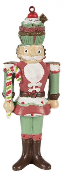 Červená vánoční ozdoba Louskáček v zeleno-červené uniformě s muffinem na hlavě – 12 cm